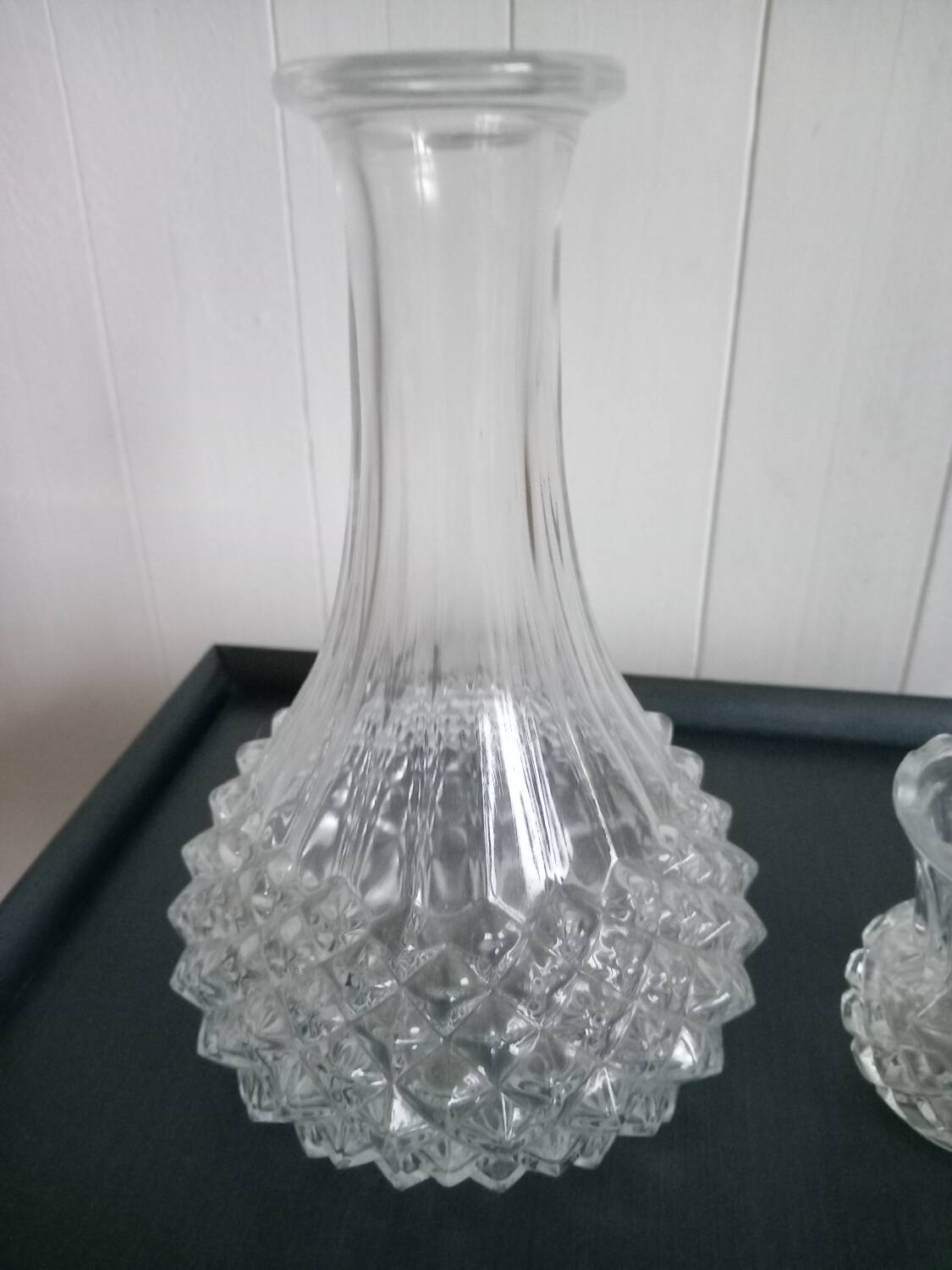Diamond cut carafe and small vase