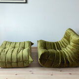 Armchair and pouffe Togo in green olive velvet model designed by Michel Ducaroy 1973