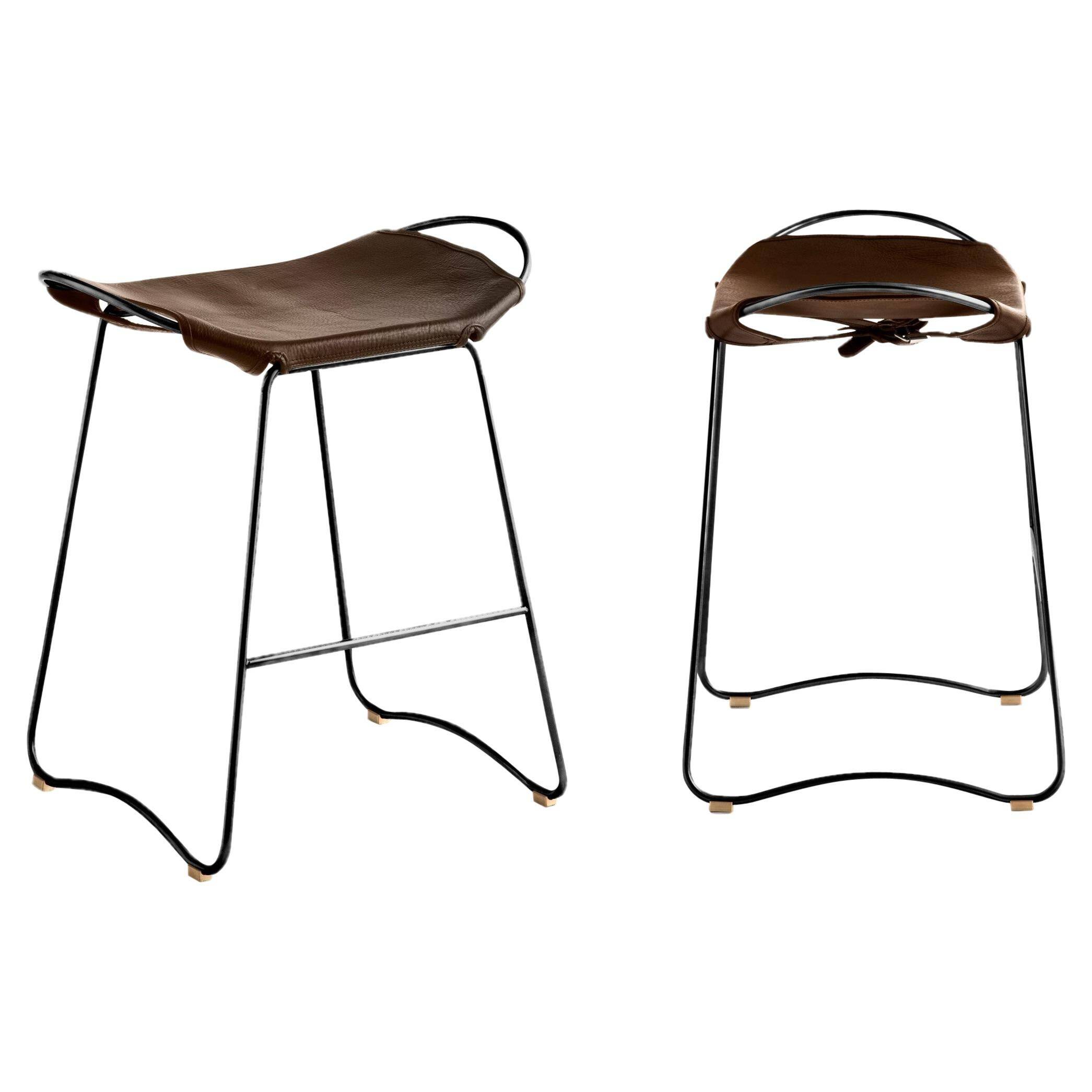 Contemporary sculptural bar stool, smoked black metal sample and black leather.