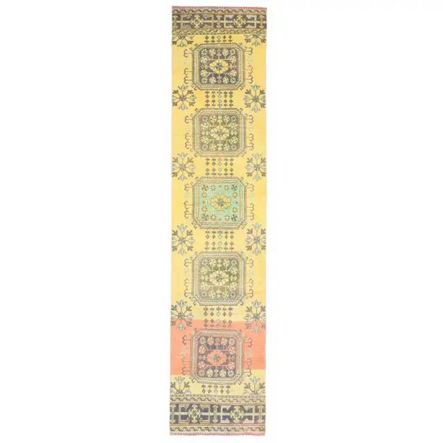 1970s Turkish Oushak Handmade Wool Cotton Yellow Runner 81x362