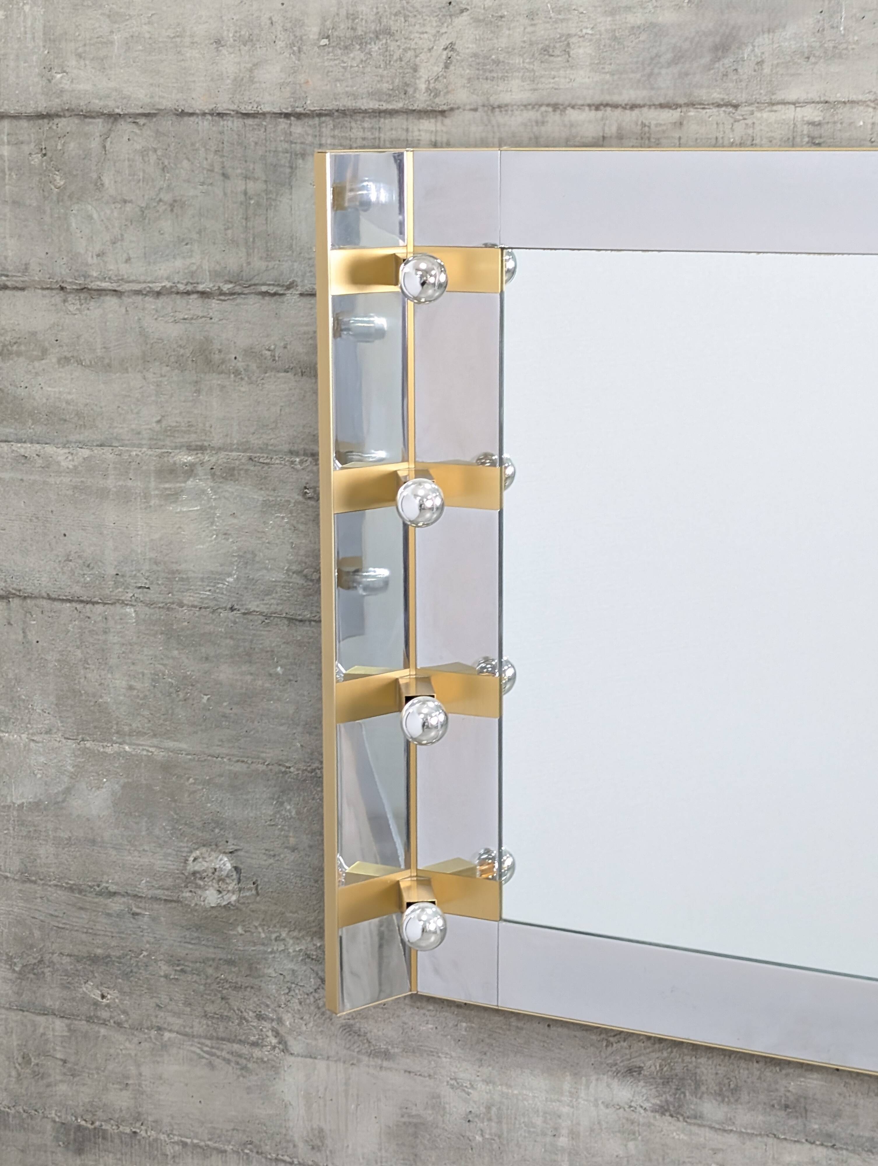 Illuminated dressing room mirror by Gaetano Sciolari in chrome and brass, Italy, 1970s