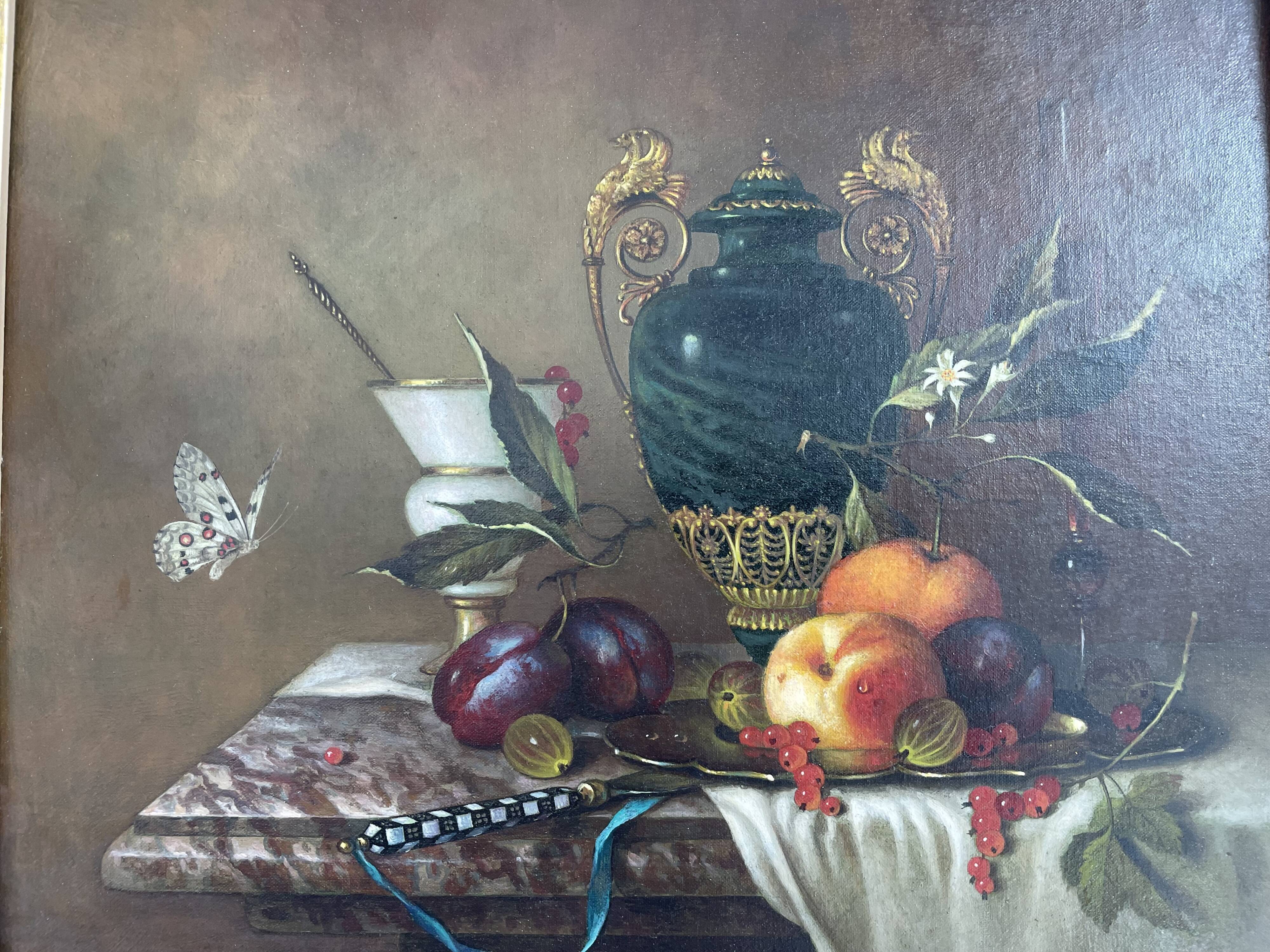 Oil painting, sergei smetanin, still life with marble vase, signed, gilded wood frame, russia