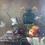 Oil painting, sergei smetanin, still life with marble vase, signed, gilded wood frame, russia