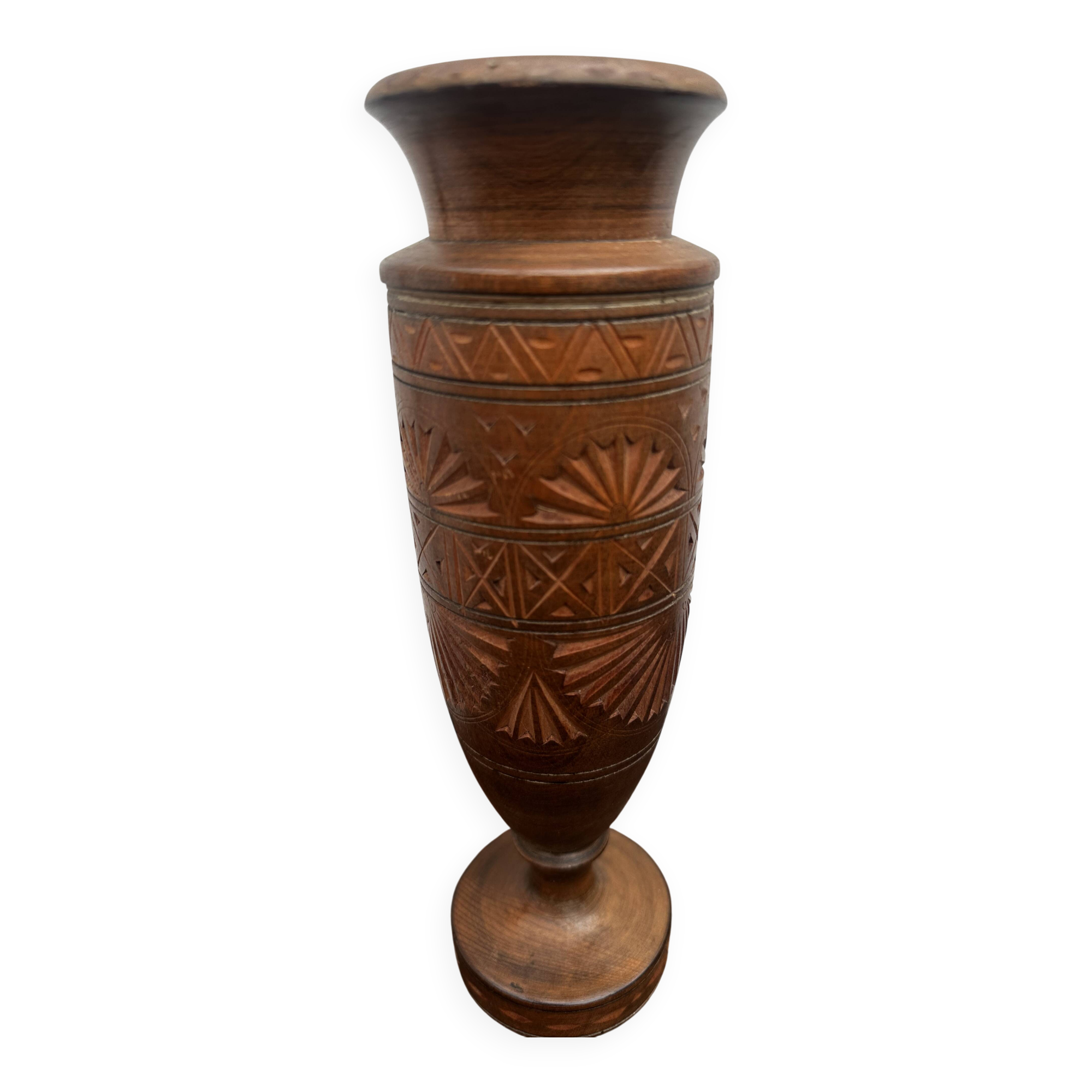 Turned and carved wooden vase, mid-20th century