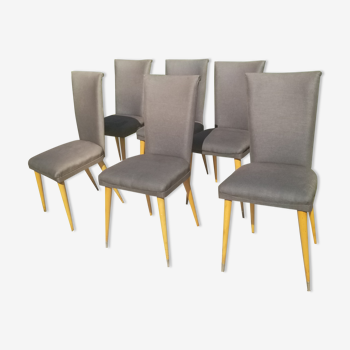 6 chaises pieds compas en bois et tissu gris