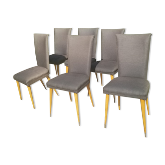 6 chairs compass feet in wood and grey fabric