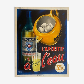 Affiche original Ricard L'Apéritif à l'eau 35 Franc par Henry Couve 1960 - Petit Format - On linen