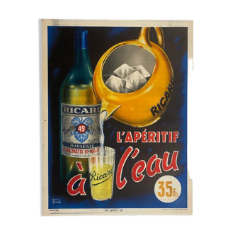 Original poster Ricard L'Apéritif à l'eau 35 Franc by Henry Couve 1960 - Small Format - On linen