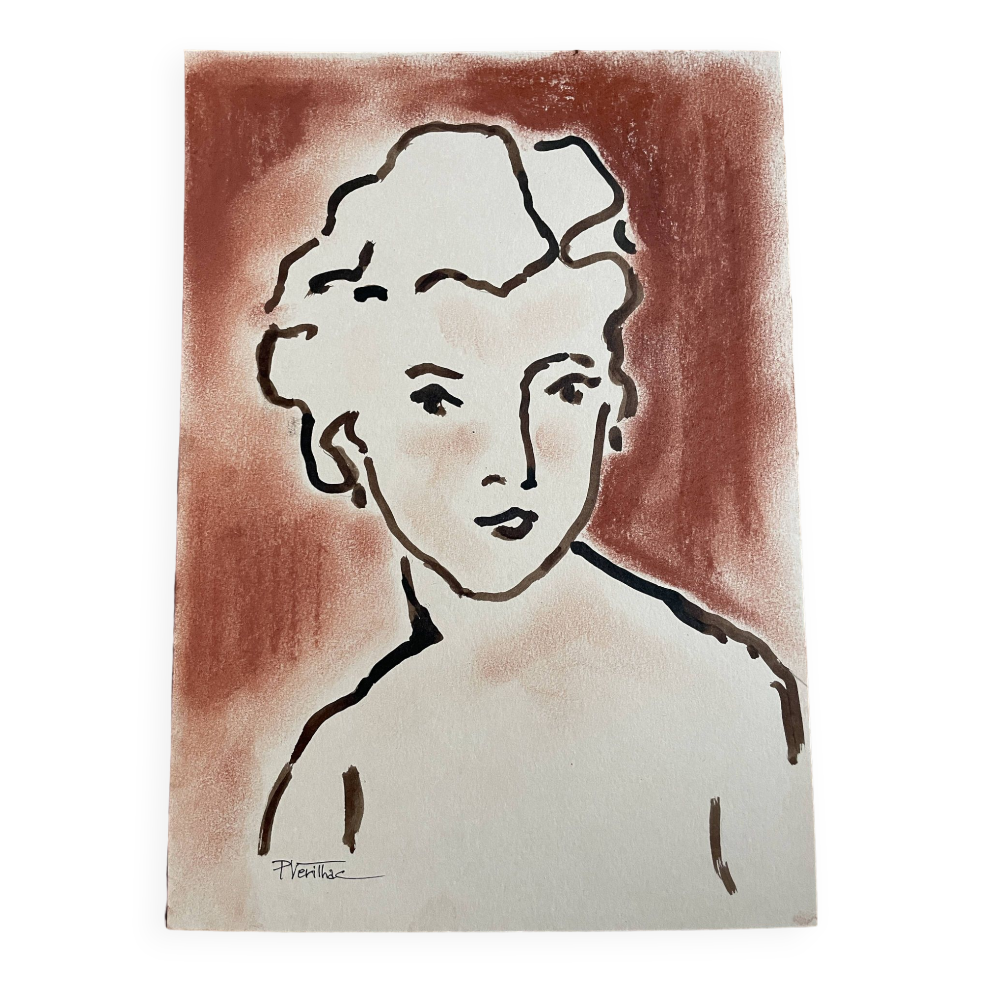 Painting signed Chinese ink and pastel female portrait “study”