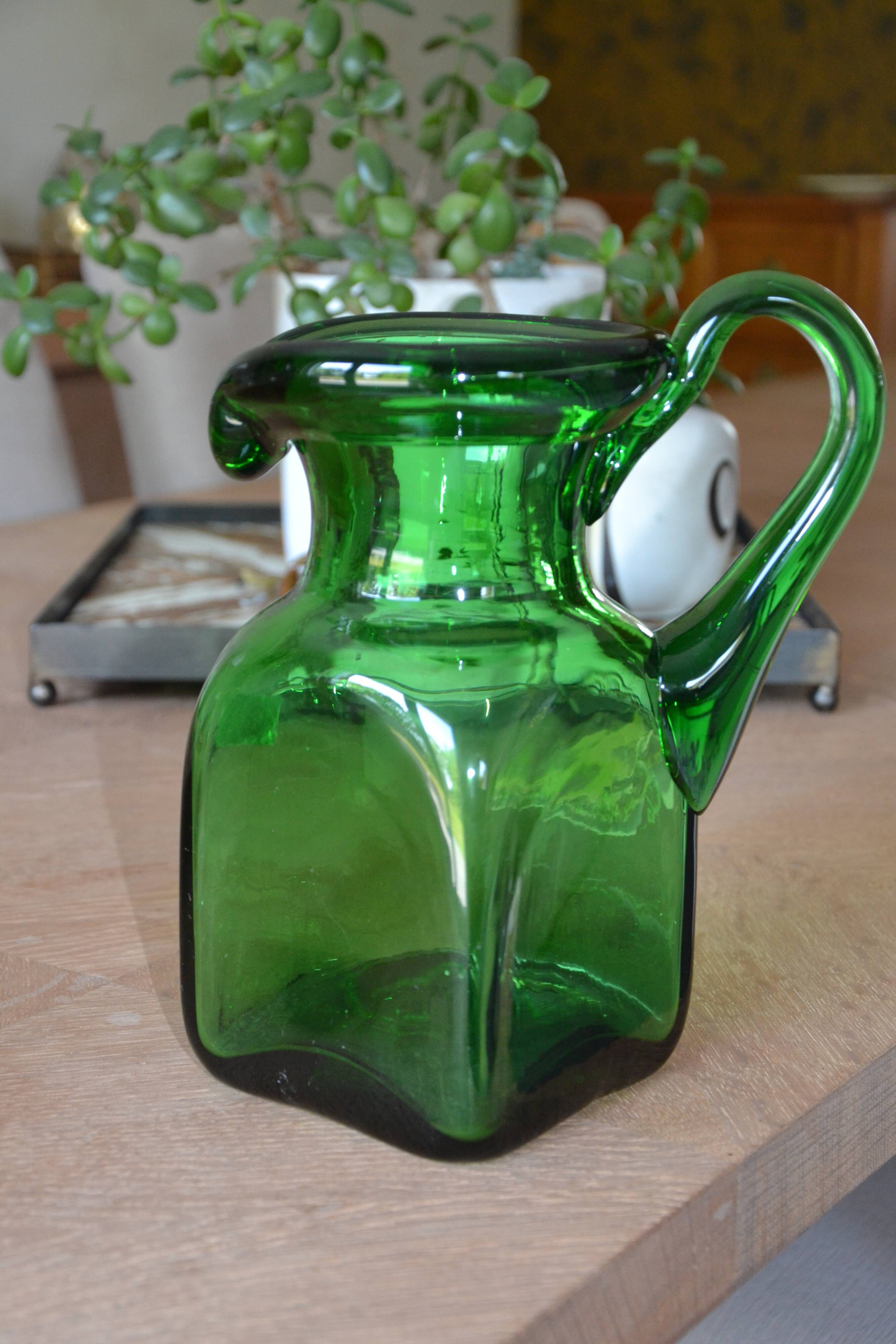 Handcrafted green glass pitcher from Spain