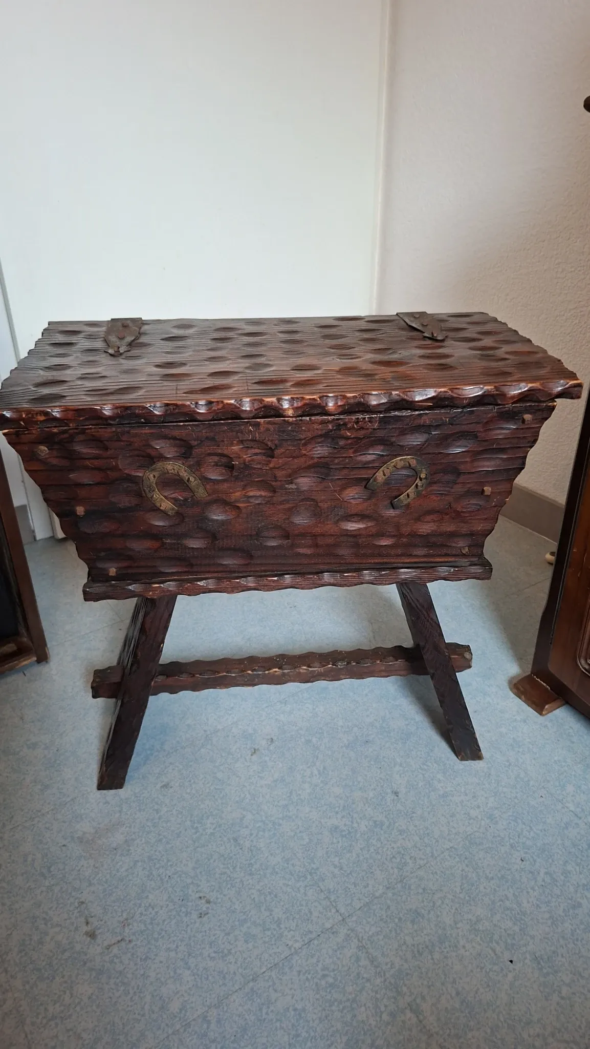 antique carved wooden bread kneader / rustic trunk chest