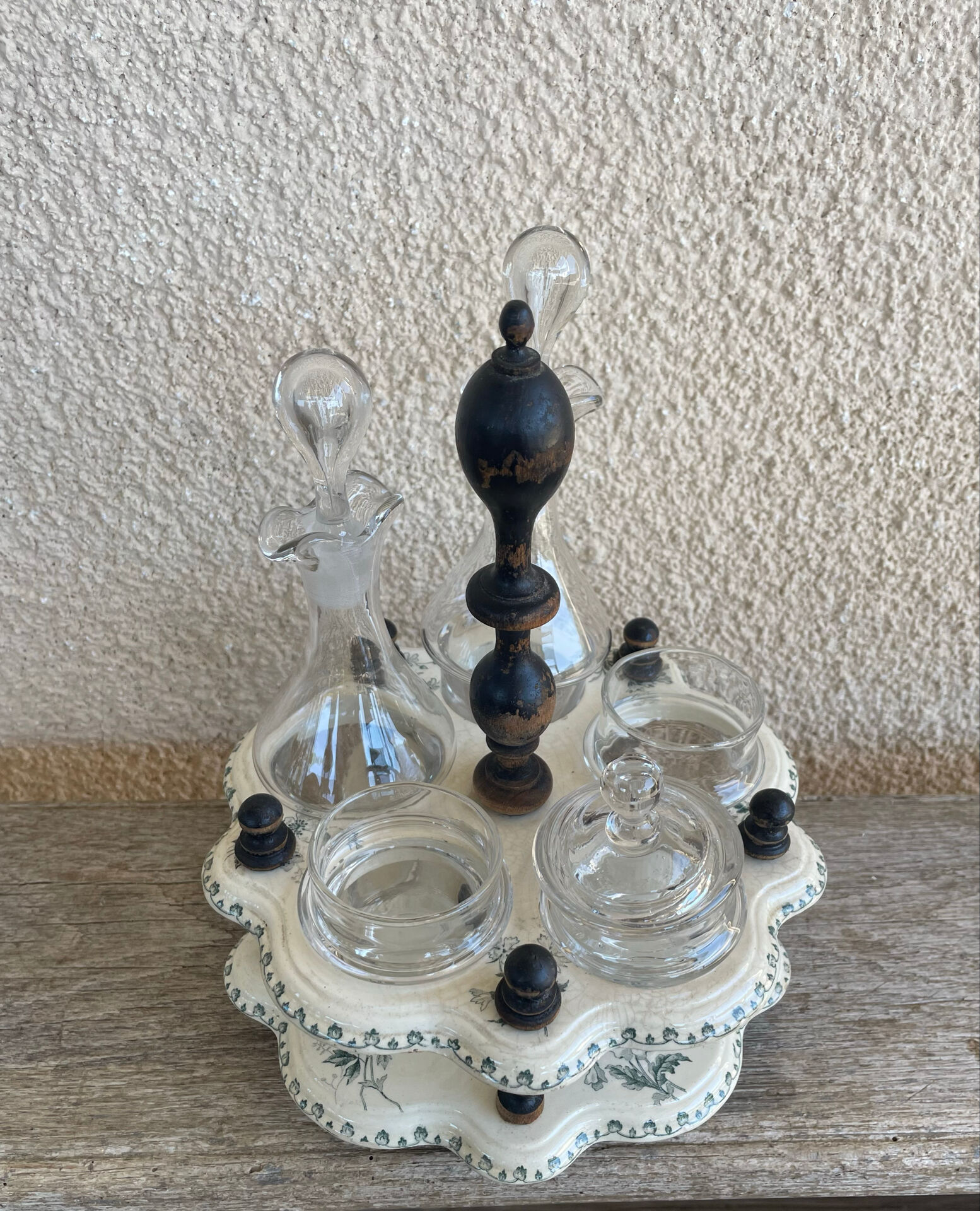 Oil and vinegar service, salt and pepper.