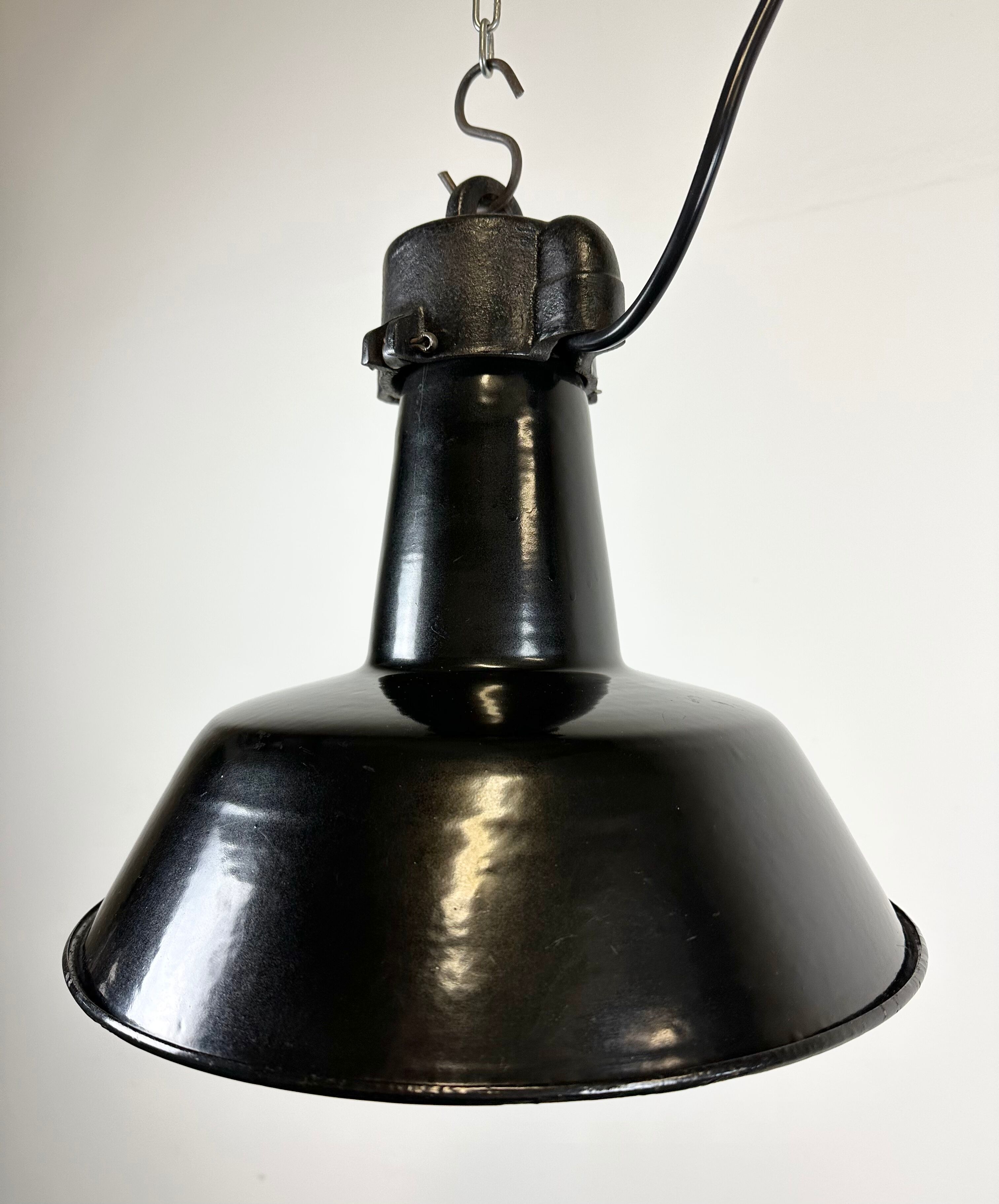 Industrial Black Enamel Factory Lamp with Cast Iron Top, 1960s