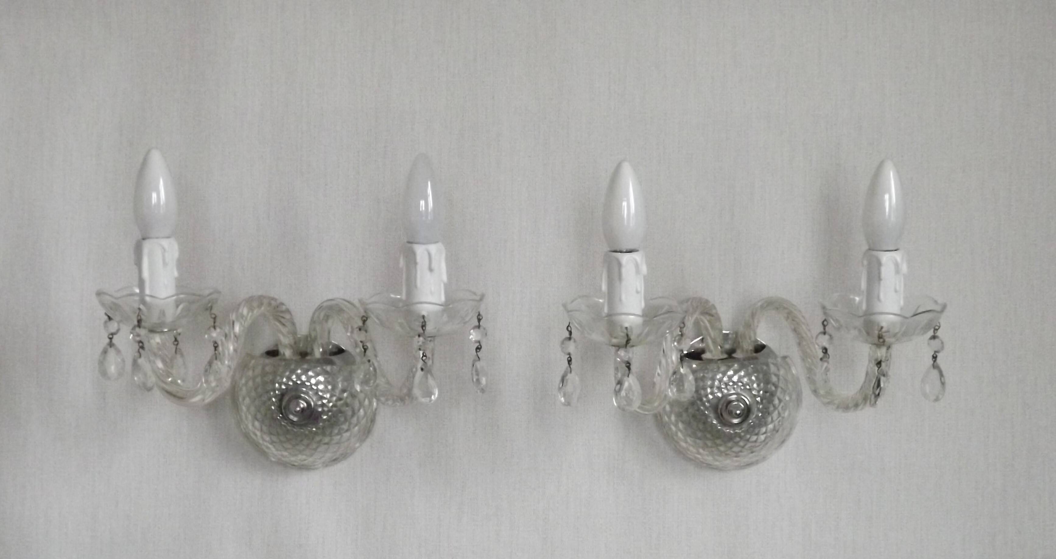 Pair of French vintage double crystal wall lights with barley twist glass arms.