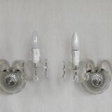 Pair of French vintage double crystal wall lights with barley twist glass arms.