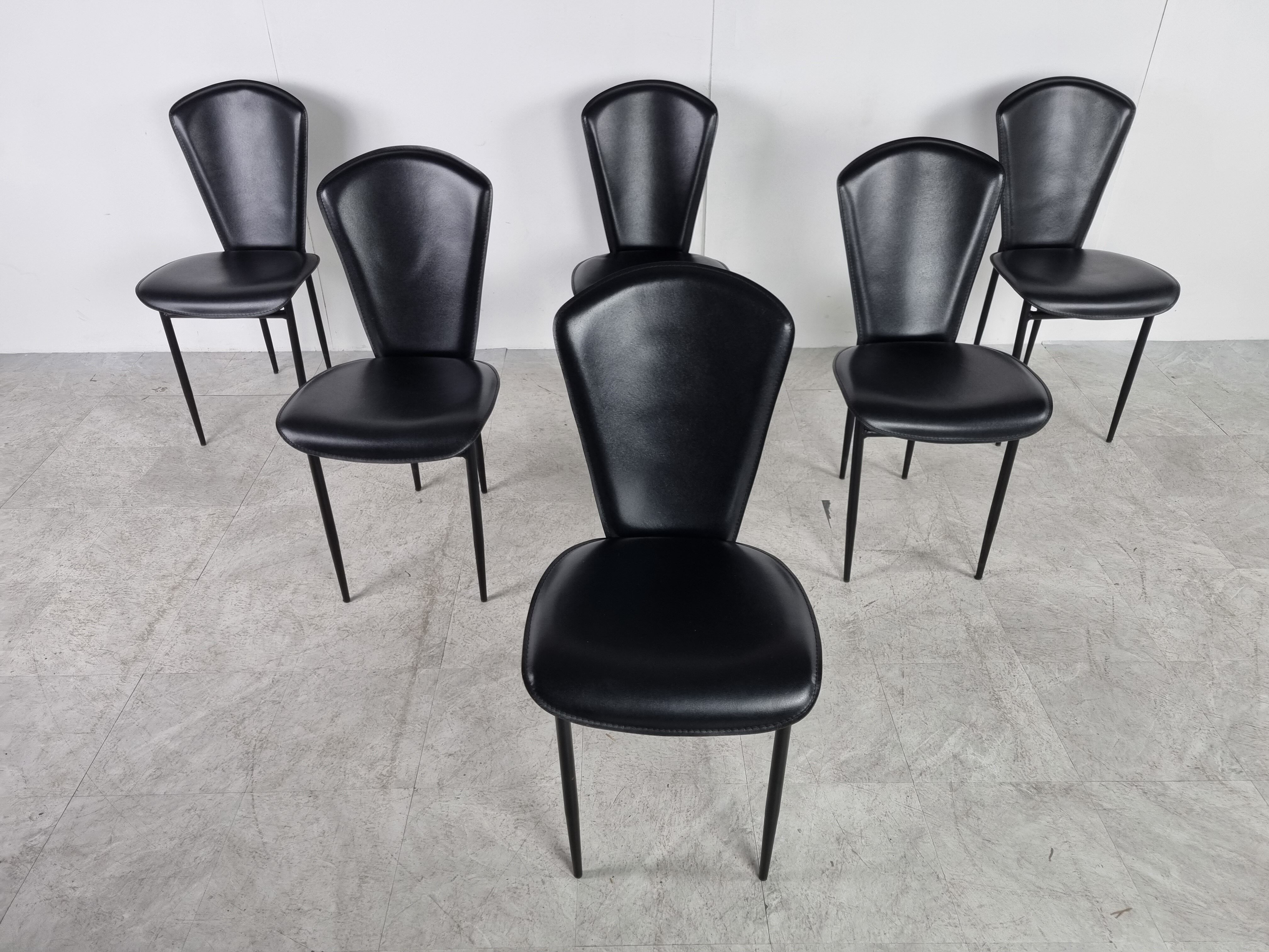 Vintage black leather dining chairs, set of 6, 1980s