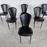 Vintage black leather dining chairs, set of 6, 1980s