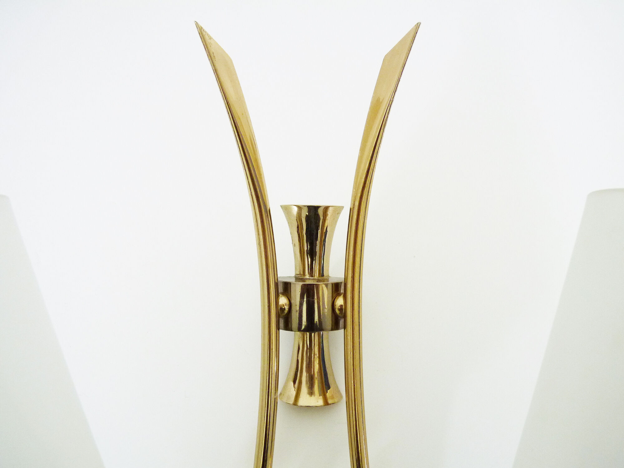 Pair of brass wall sconces and double tube in white opaline 1960