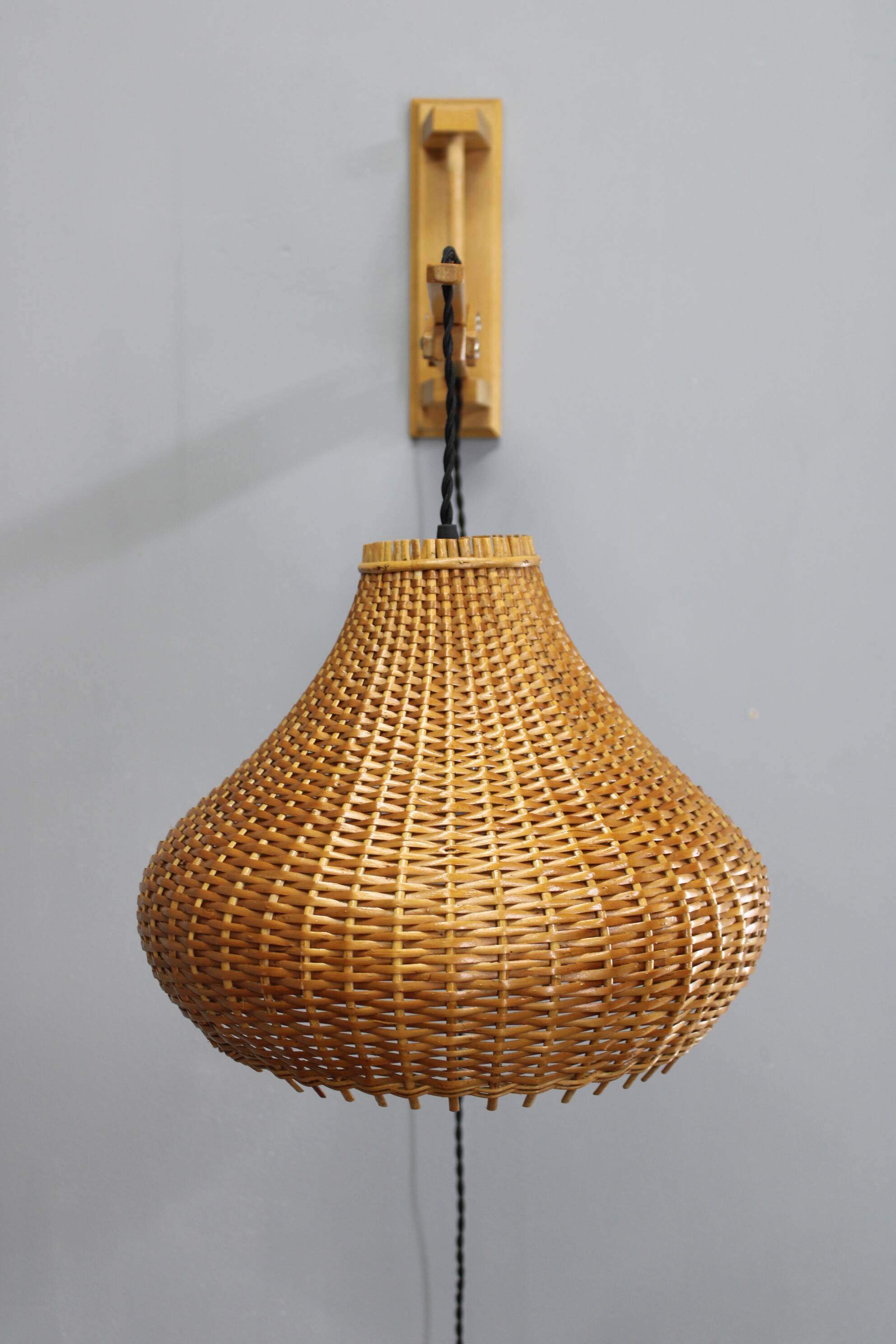 Mid-century adjustable wooden wall lamp with rattan shade, Lipta, 1970s