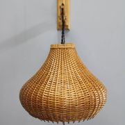 Mid-century adjustable wooden wall lamp with rattan shade, Lipta, 1970s