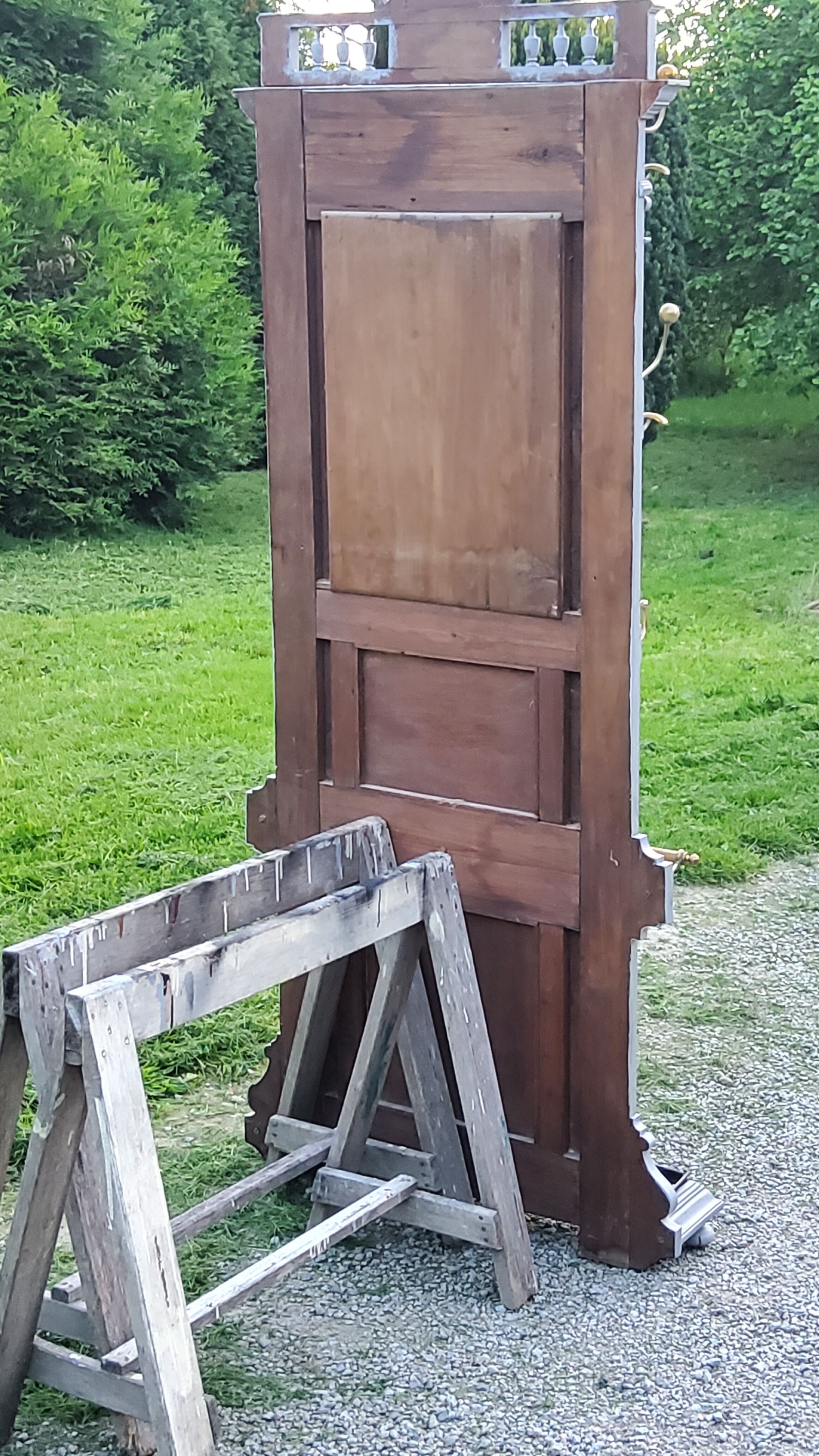 1900s coat rack patina gray mirror brass hooks