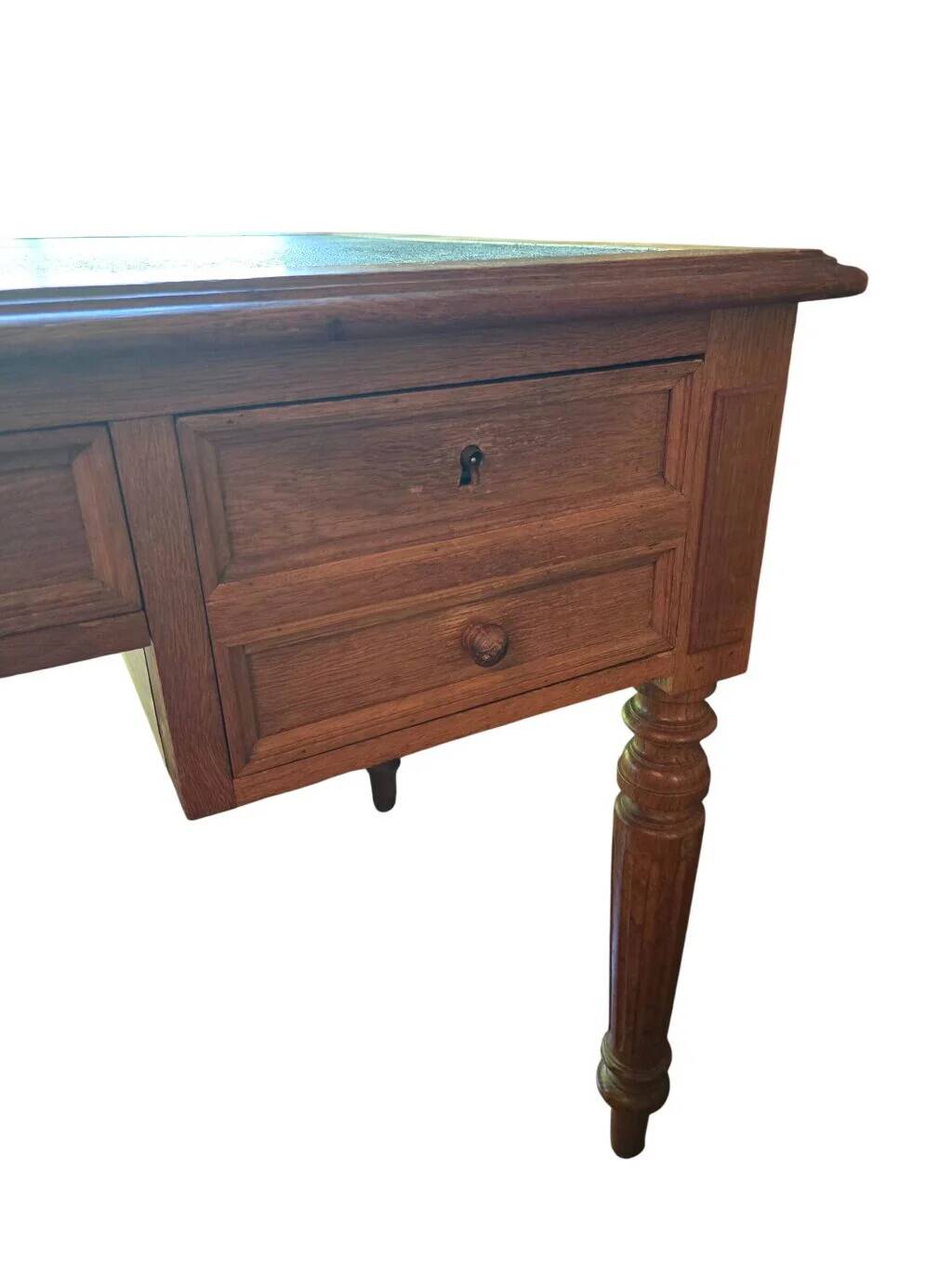Antique flat desk in oak and black leather, Louis-Philippe style.