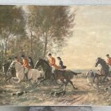 Tableau sans cadre Huile sur toile "chasse à courre"Vénerie, signature à identifier