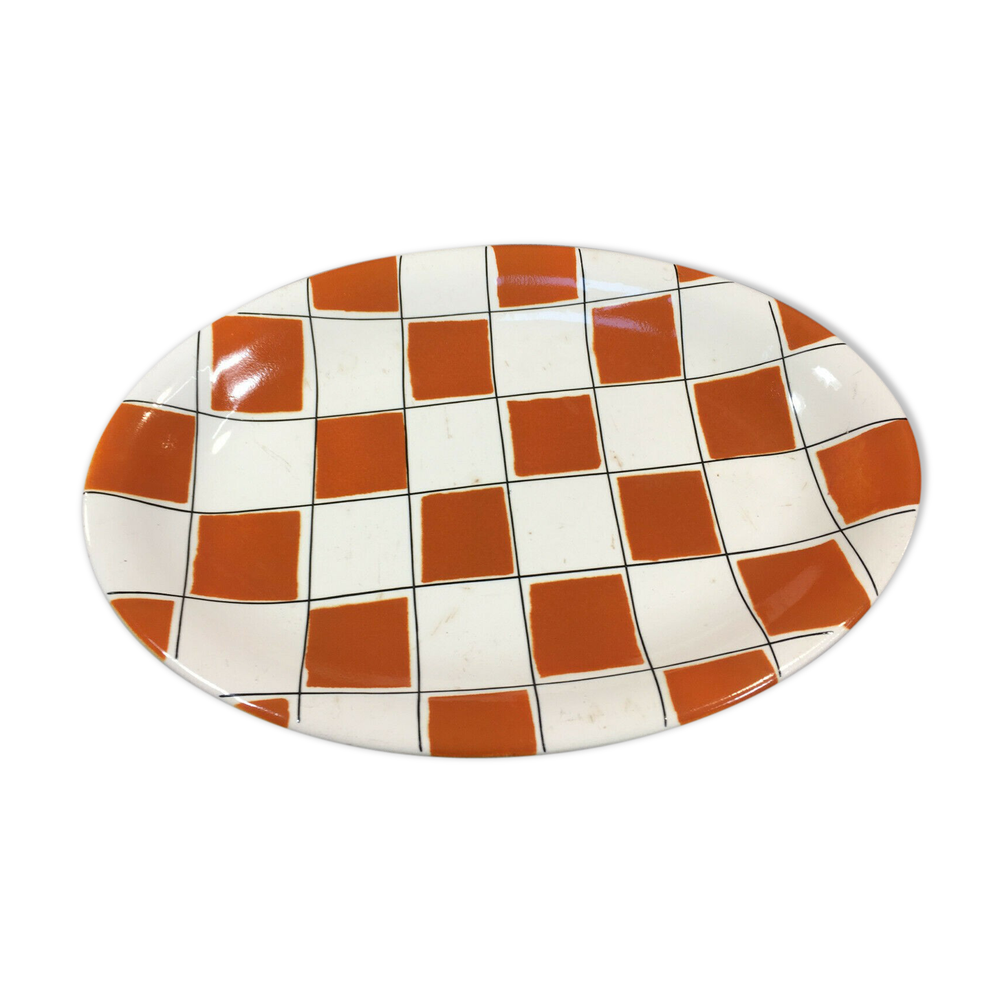 Ceramic dish of salins checkerboard orange and white vintage Napoli style