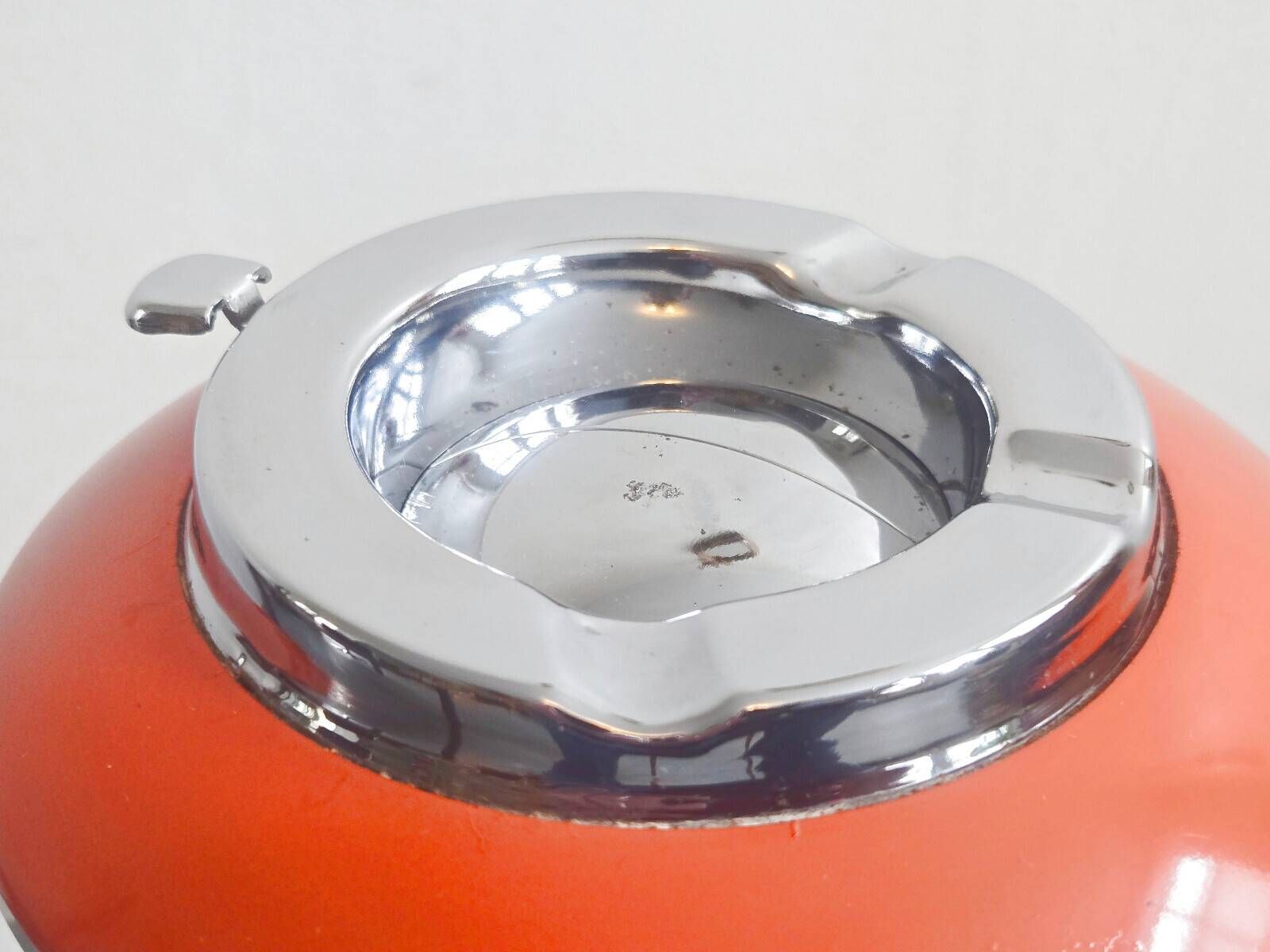 VINTAGE 1970s METAL ASH TRAY ON A STAND ORANGE LACQUER & CHROME 70S SPACE AGE