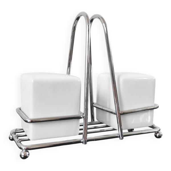 Service à sel et poivre vintage – Céramique blanche et métal chromé