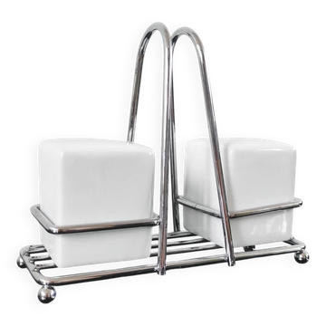 Service à sel et poivre vintage – Céramique blanche et métal chromé