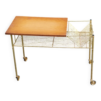 Vintage oak and gold metal side table from the 60s