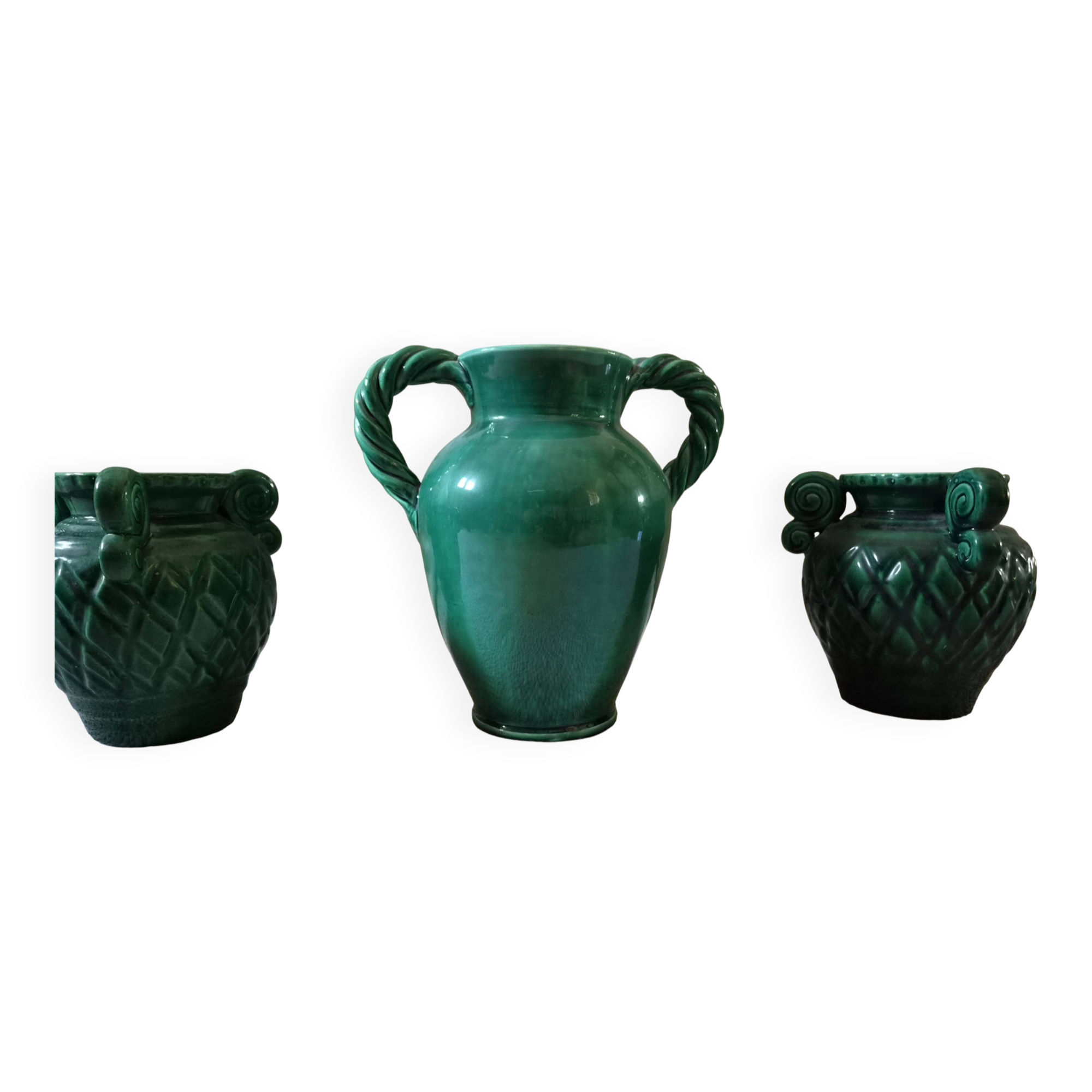 Vintage Vallauris trio of emerald green vases from the 50s/60s.