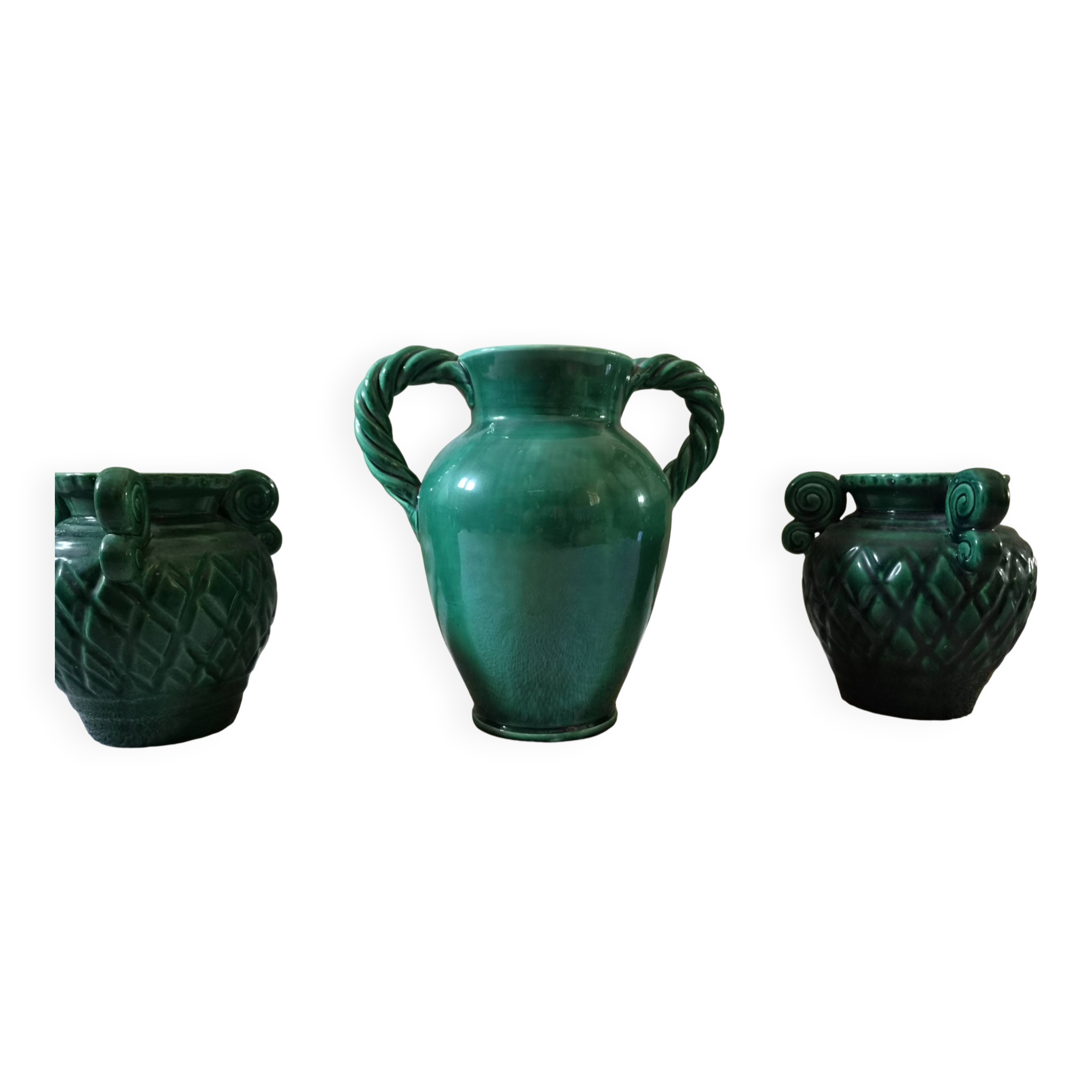 Vintage Vallauris trio of emerald green vases from the 50s/60s.