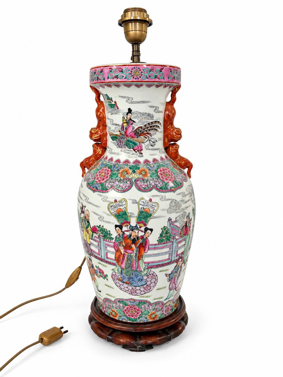 Large polychrome Chinese porcelain lamp on a wooden base – 63 cm