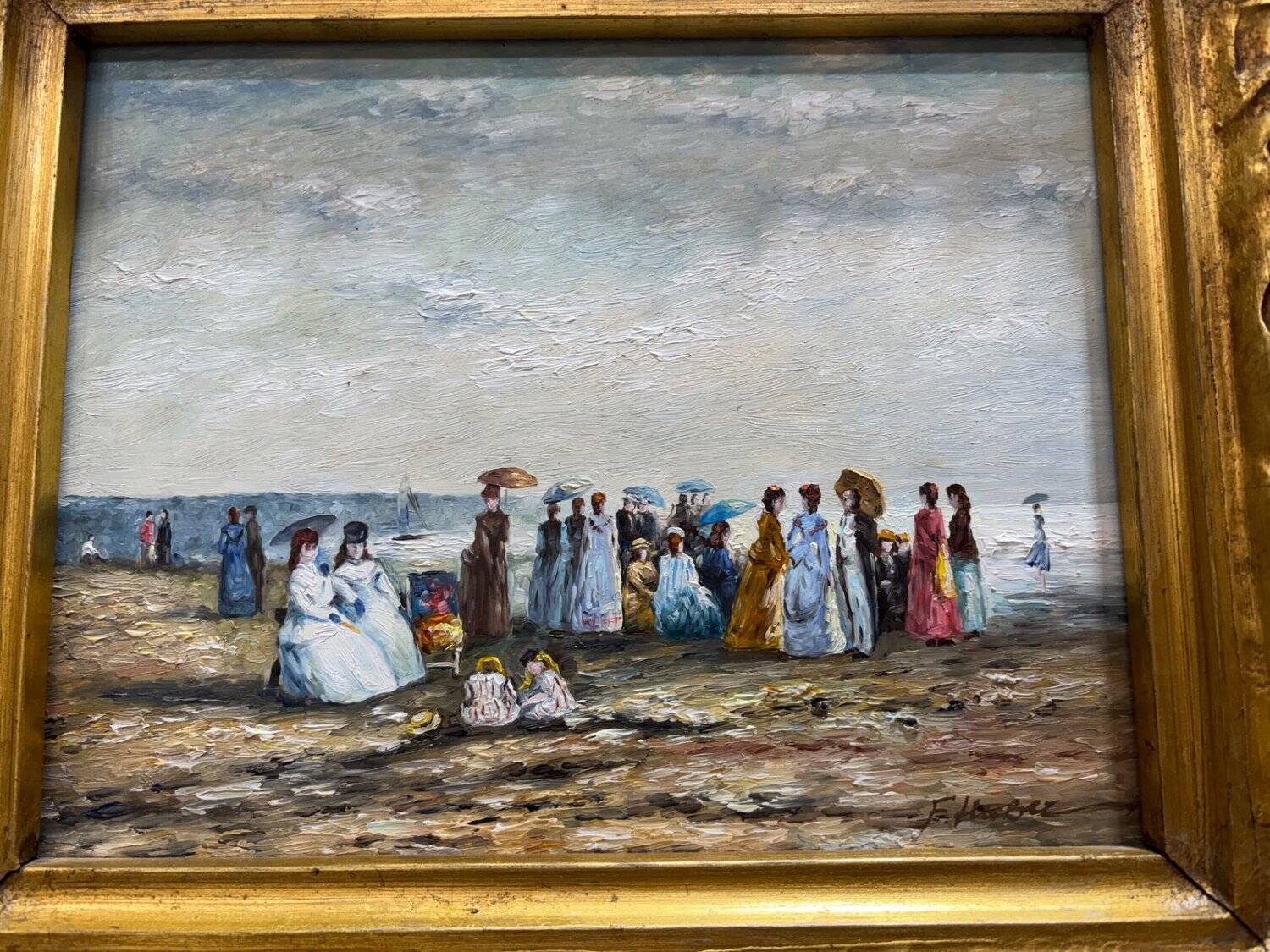 Oil on panel beach scene 19th century - F. Hubert, Boudin style