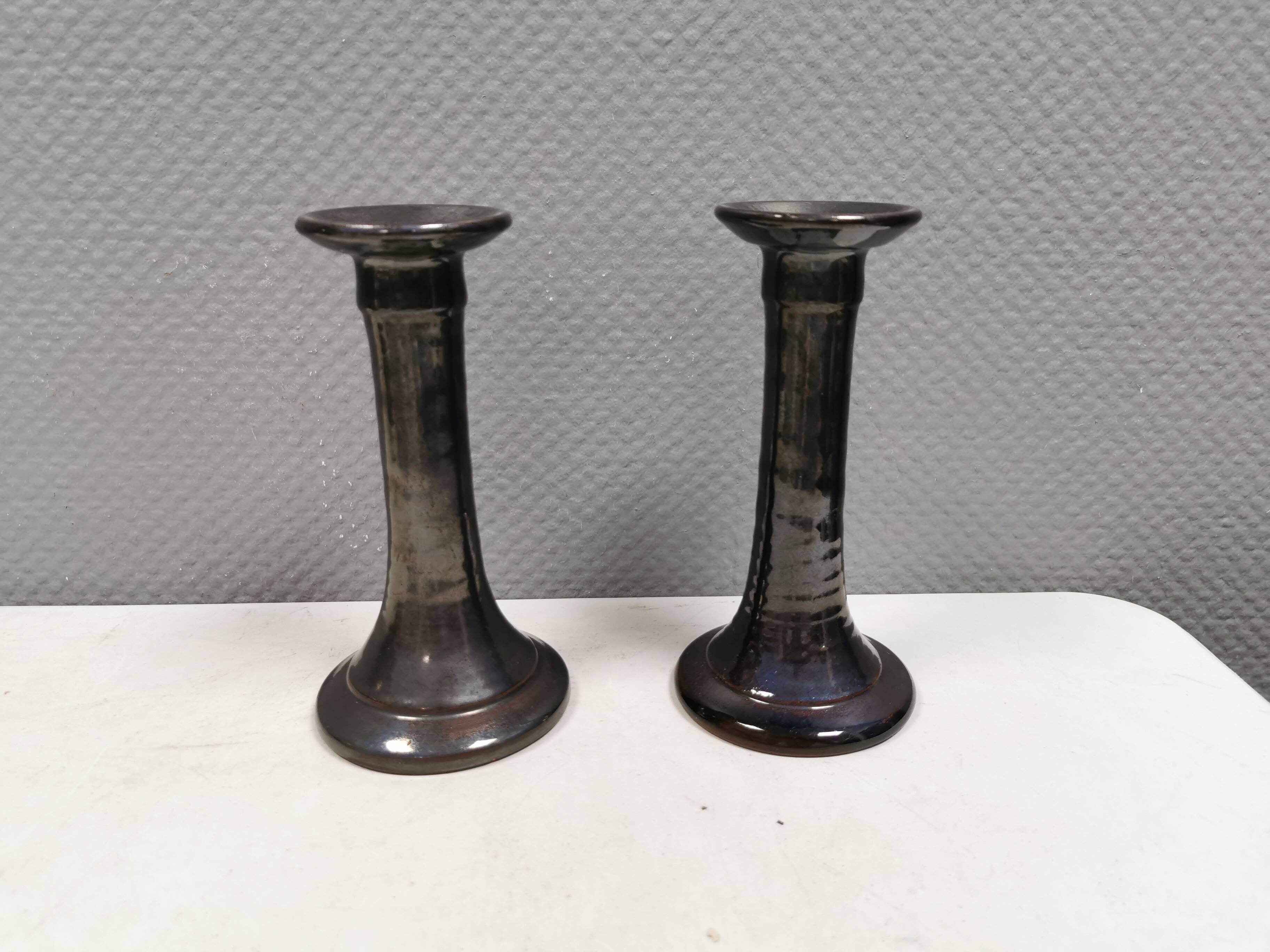 A set of ceramic candlesticks in bluish metallic glaze, Denmark 1980s