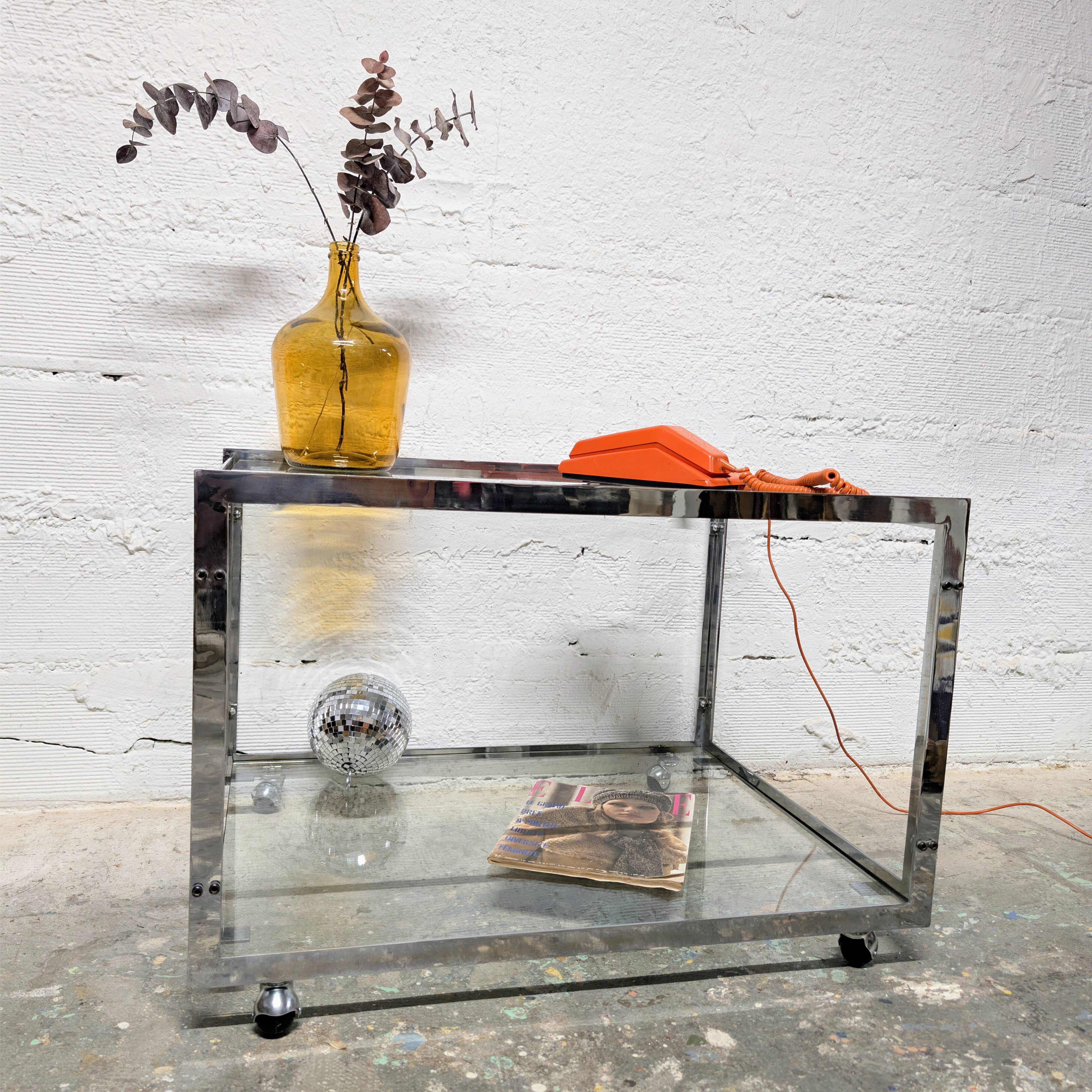 Table basse vintage chrome & verre Années 70