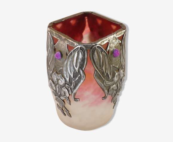 Vase art nouveau en pate de verre et etain