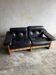 1970s Italian Black Leather Two-Seater Sofa by Poltrona Munari — Pine Frame & Beige Canvas