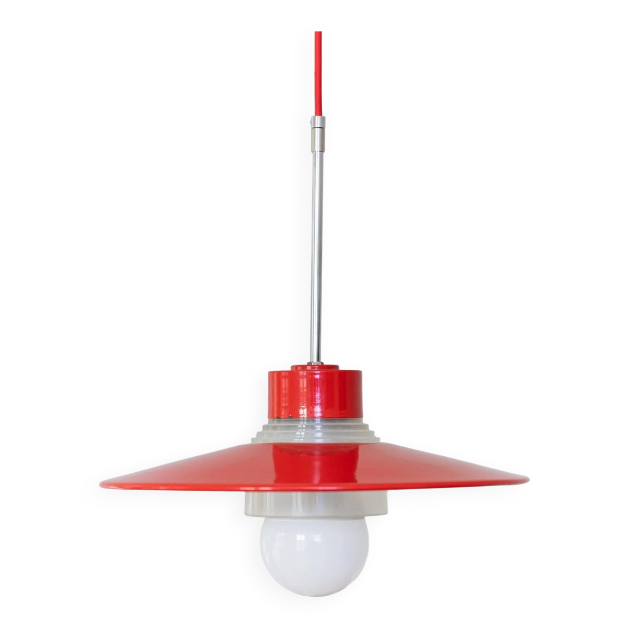 Red metal and glass Danish ceiling light, mid-century Memphis-inspired pendant with opal globe