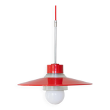 Red metal and glass Danish ceiling light, mid-century Memphis-inspired pendant with opal globe