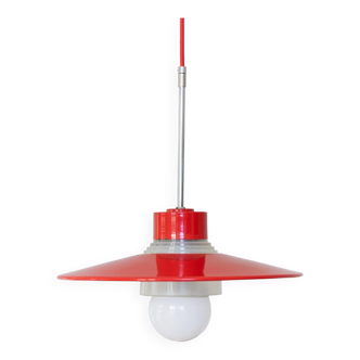 Red metal and glass Danish ceiling light, mid-century Memphis-inspired pendant with opal globe