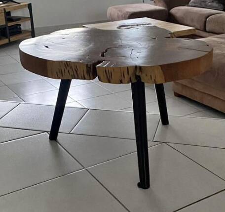 Coffee table wooden top trunk brutalist metal legs