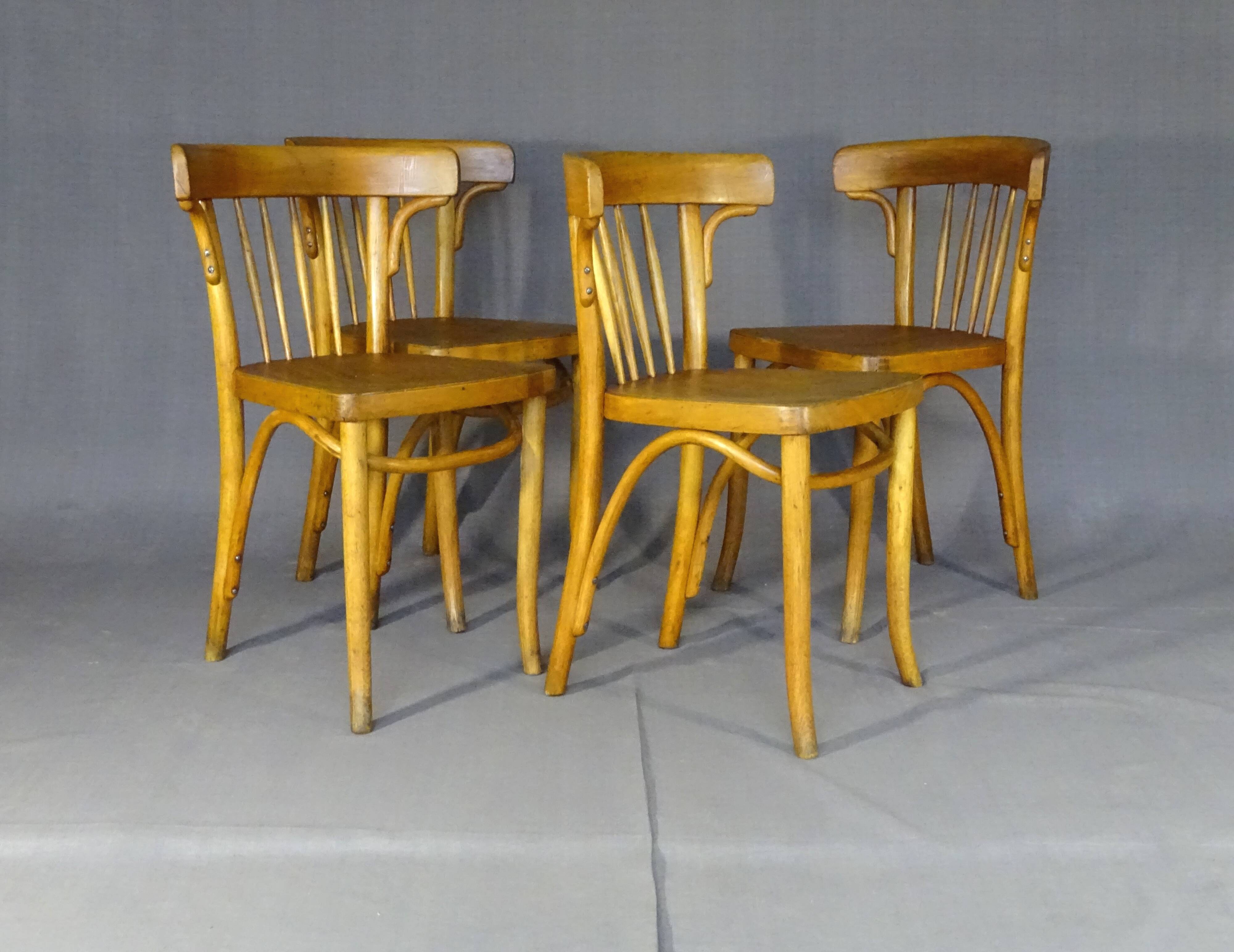 Série de 4 chaises Thonet Art déco bistrot blondes 1930