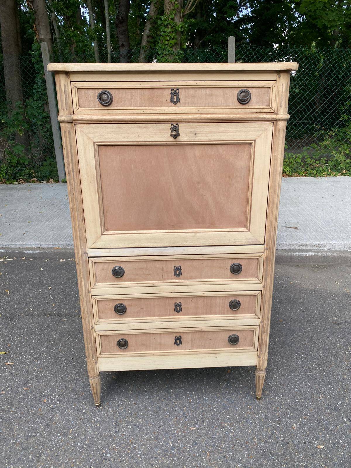 Secretary Louis XVI in stripped solid pine with a drop-down front and red leather, 1950.