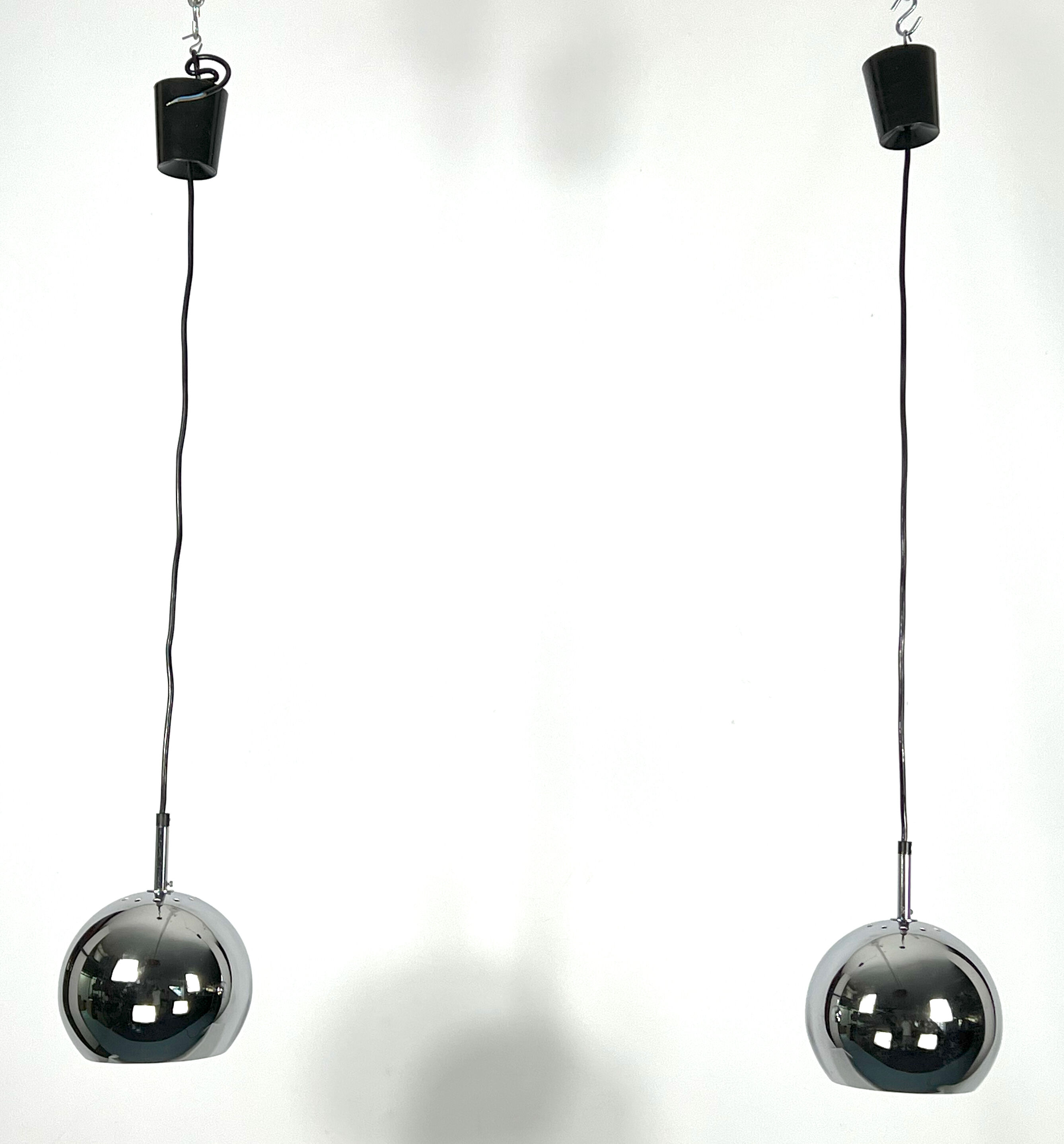 Targetti, set of two chrome sphere pendant lamps from 70s