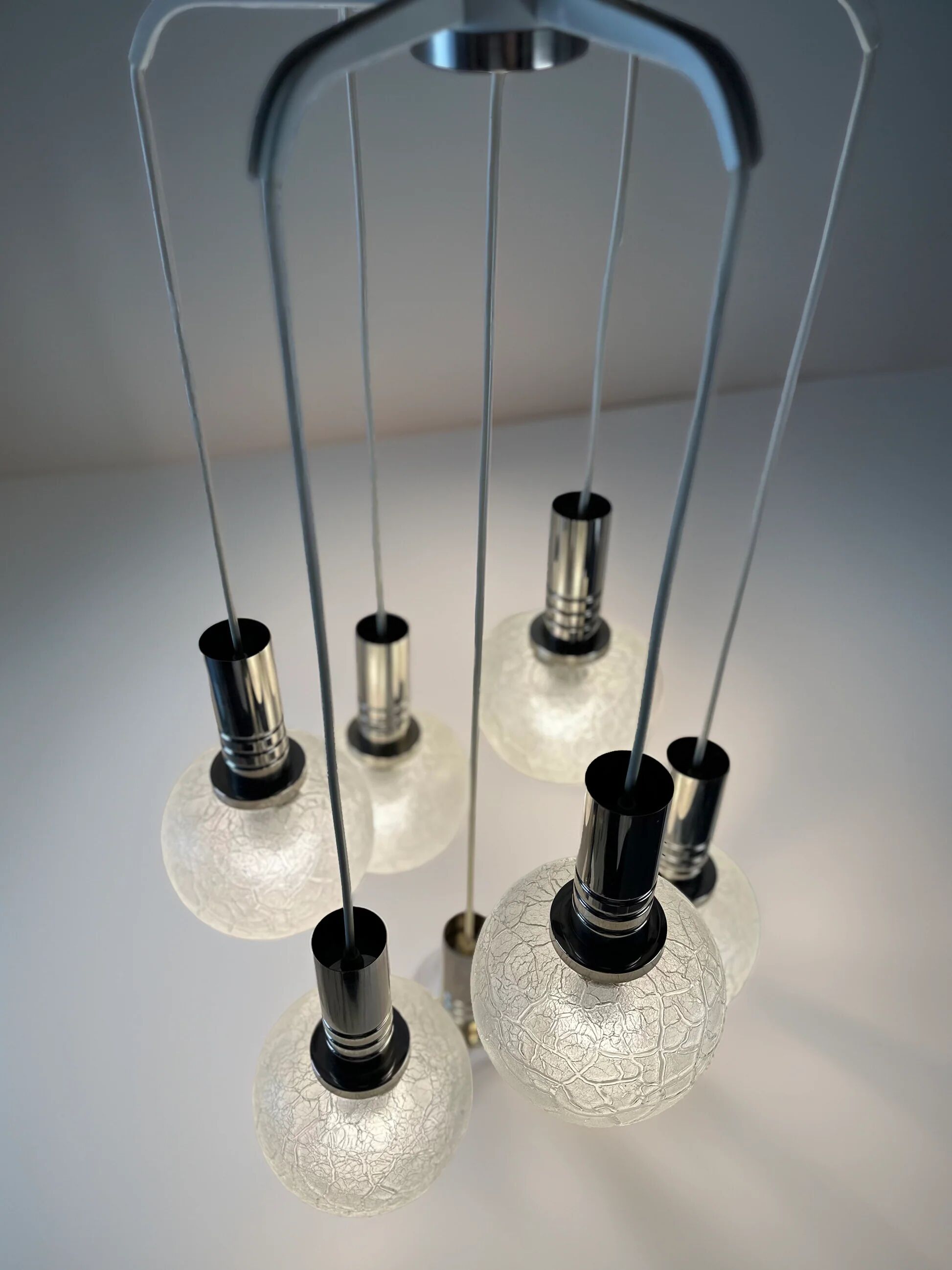 Vintage Doria Leuchten suspension with 7 cracked glass globes.