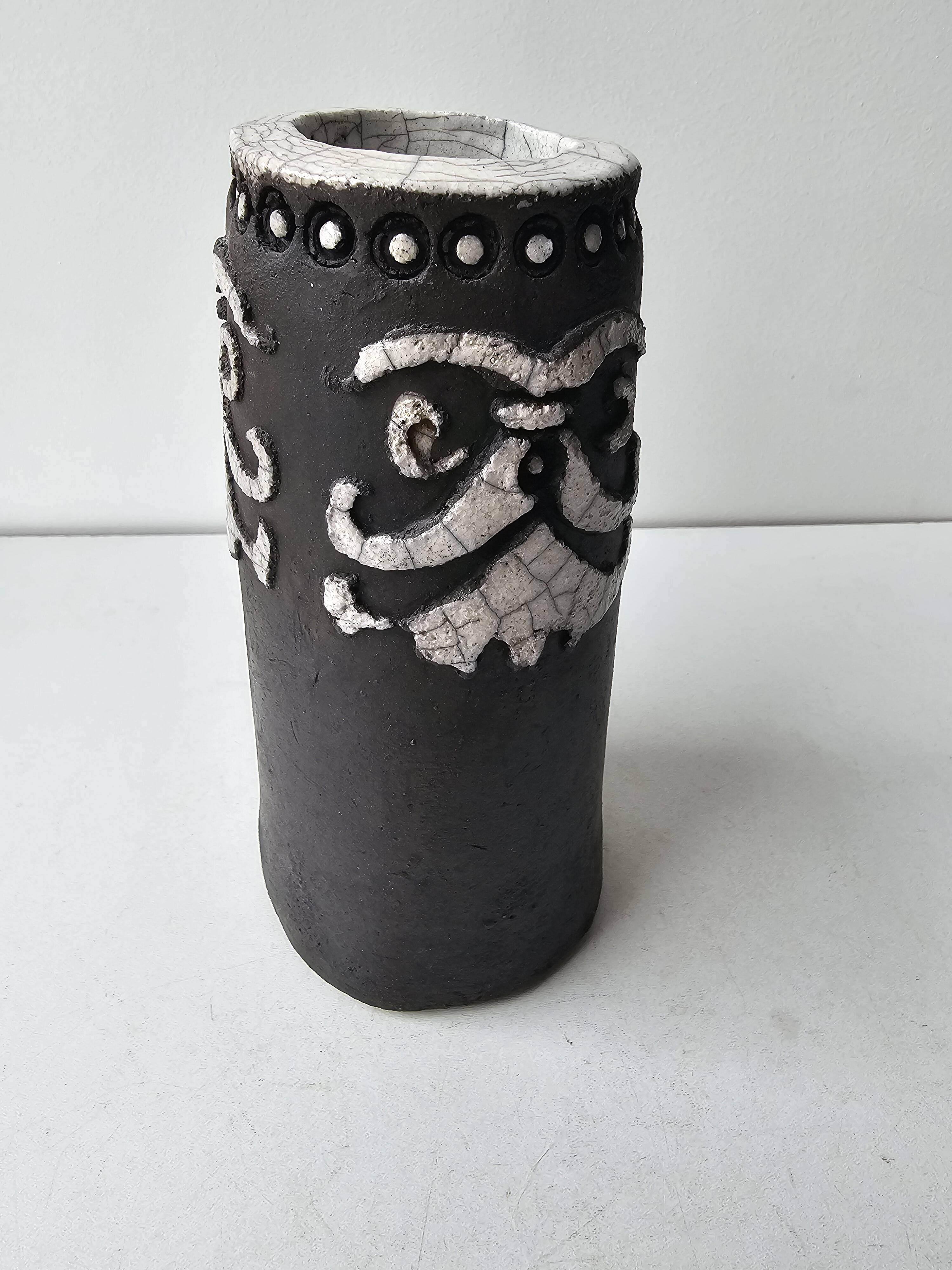 Raku ceramic roll vase signed Potty