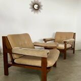 Pair of lounge chairs in wood and designer fabric from the 60s vintage Scandinavian look